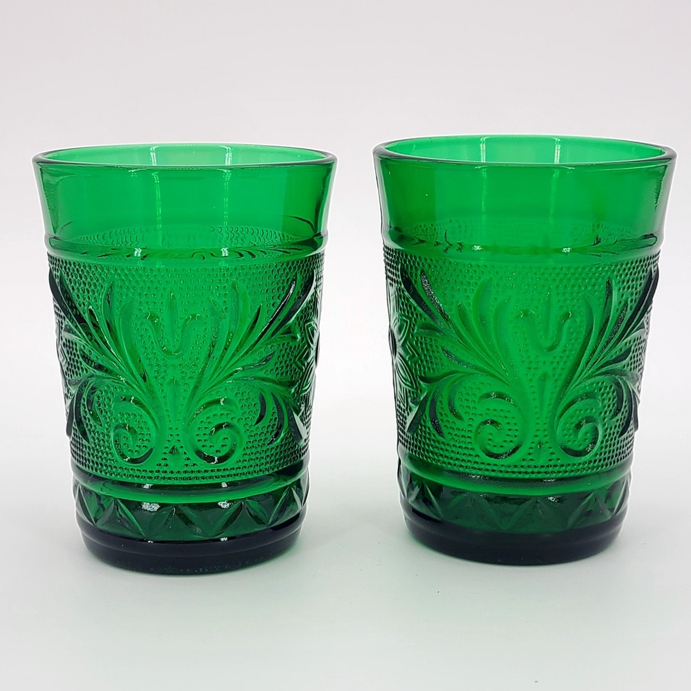 Pair of 2 Anchor Hocking Vintage 1930s Emerald Green Oatmeal Sandwich Glasses 4"